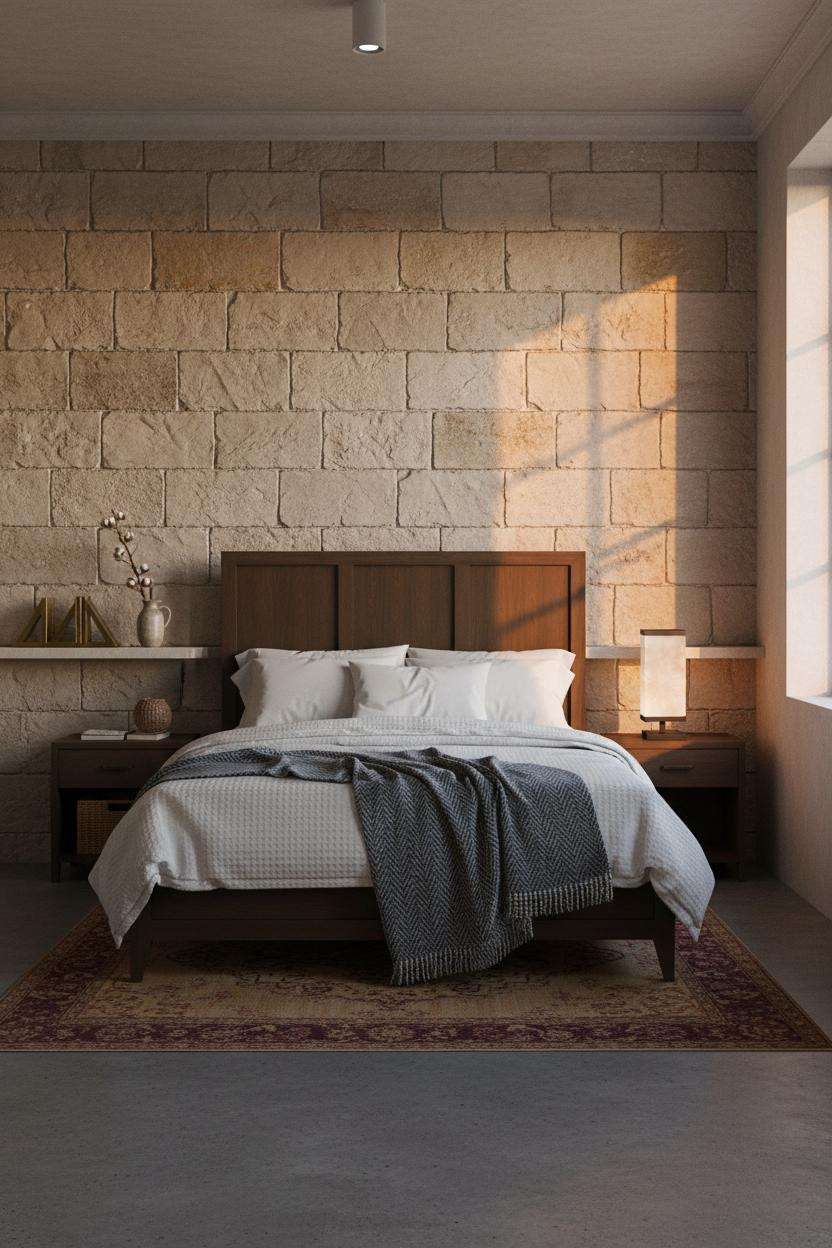 Earthy Vintage Bedroom Stone Accent Wall