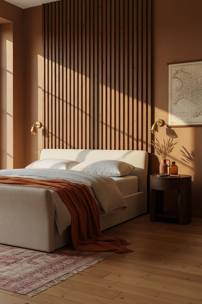 Earthy Vintage Bedroom Wood Paneling Boho