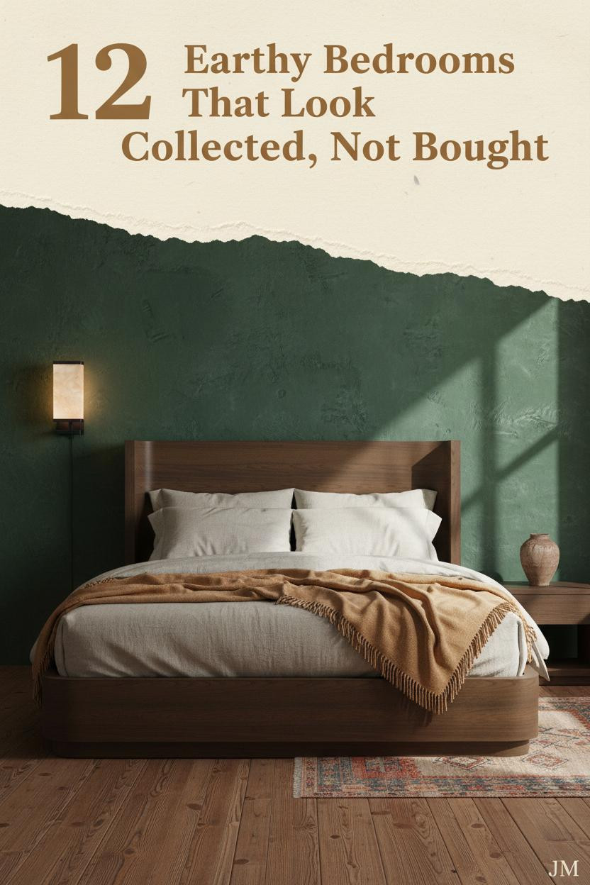 Earthy vintage bedroom with forest green plaster wall, chestnut wood floors, oatmeal linen bedding, camel wool throw, and antique brass sconce lighting