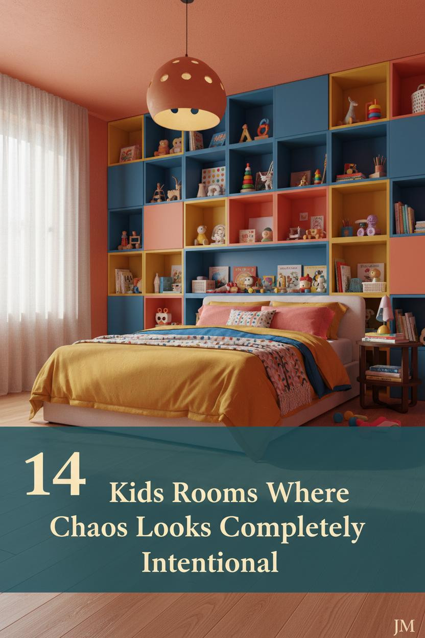 Bold persimmon kids room with floor-to-ceiling cobalt, mustard, and coral cubby wall, low pine bed, primary color bedding, and warm clay pendant light.