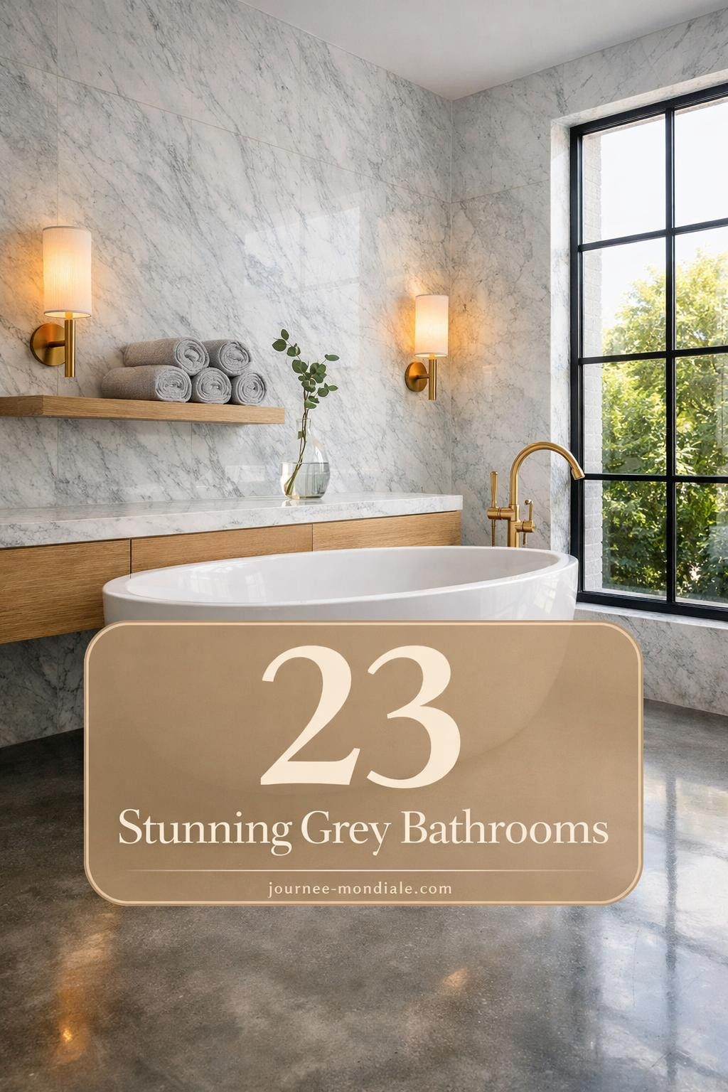 Sophisticated spa bathroom featuring floor-to-ceiling Carrara marble, white oak floating vanity, freestanding soaking tub, brushed brass fixtures, and warm concrete floors