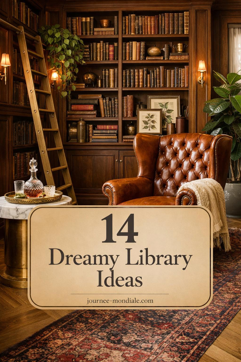 Sophisticated home library featuring floor-to-ceiling walnut bookshelves, cognac leather wingback chair, brass ladder, Persian rug, and trailing plants with warm ambient lighting