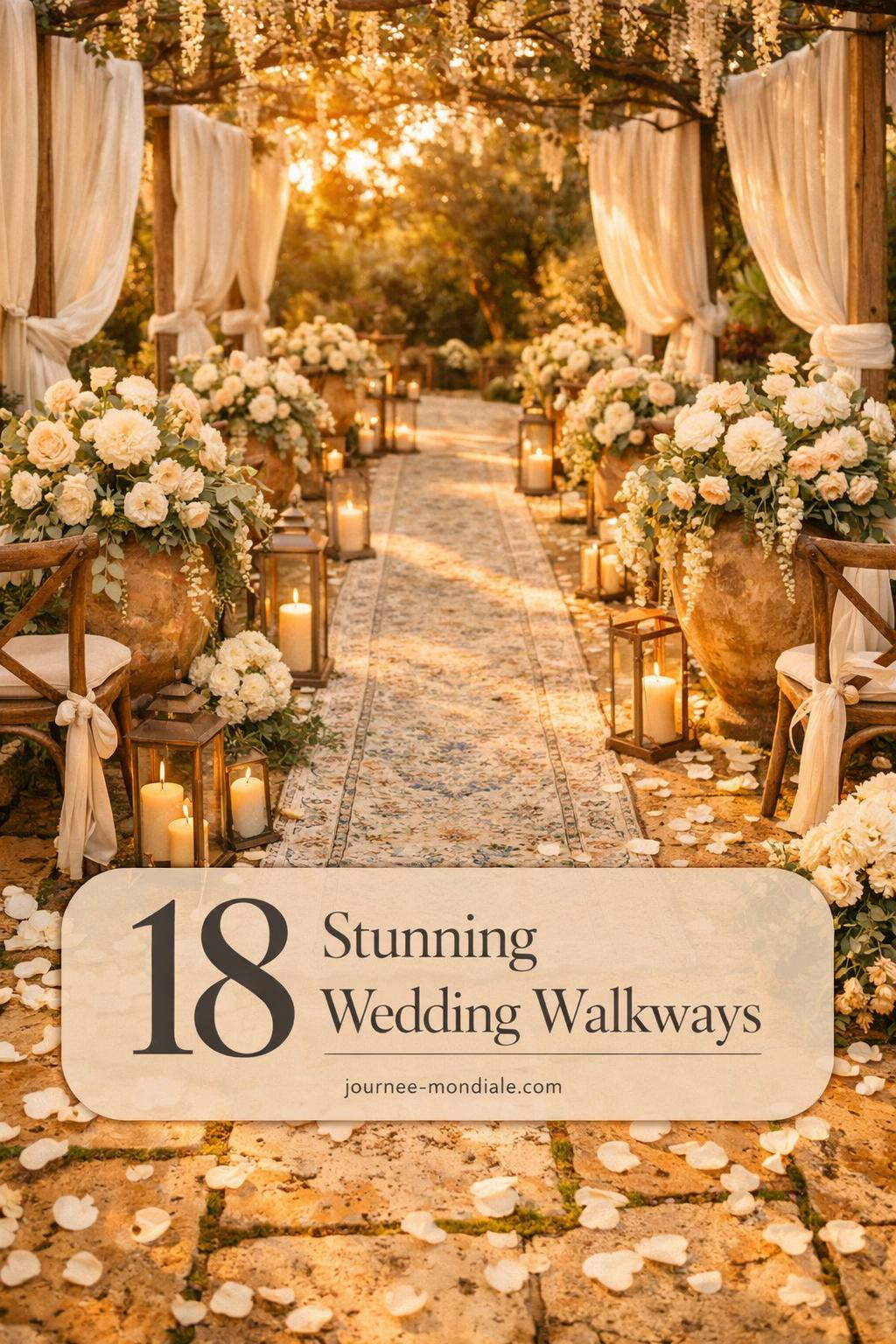 Tuscan-inspired ceremony aisle with travertine pathway, terracotta urns filled with ivory roses, white peonies, brass lanterns, flowing linen drapes, golden hour lighting
