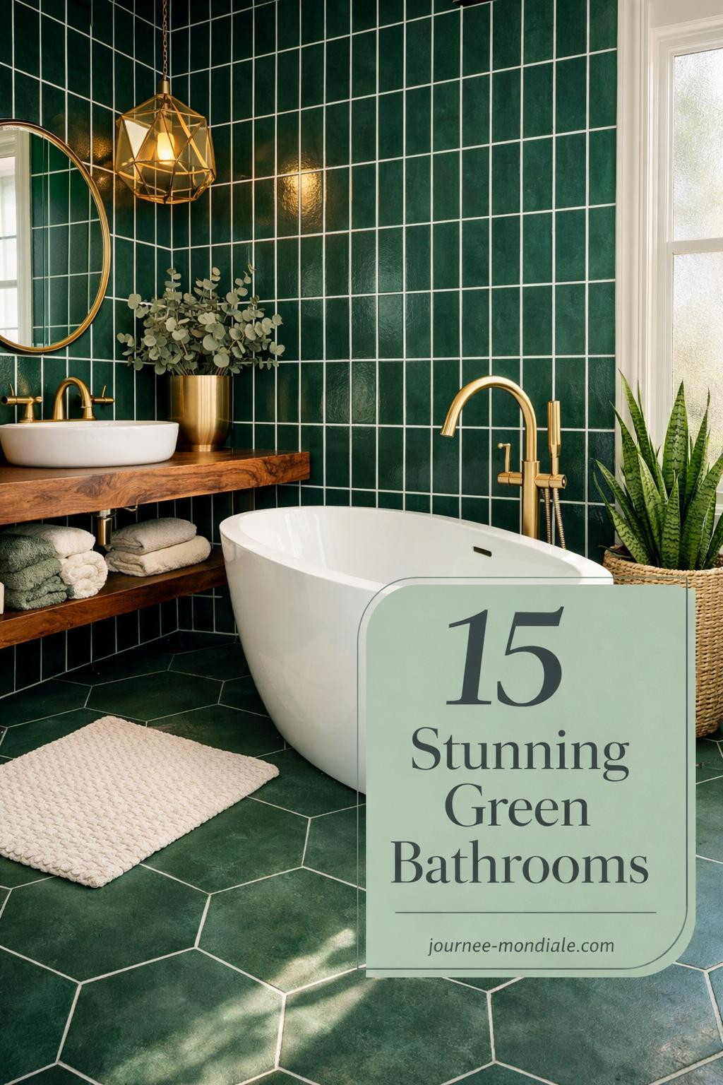 Luxurious spa bathroom featuring floor-to-ceiling emerald green subway tiles, white freestanding tub, walnut floating vanity with brass fixtures, and natural linen accents