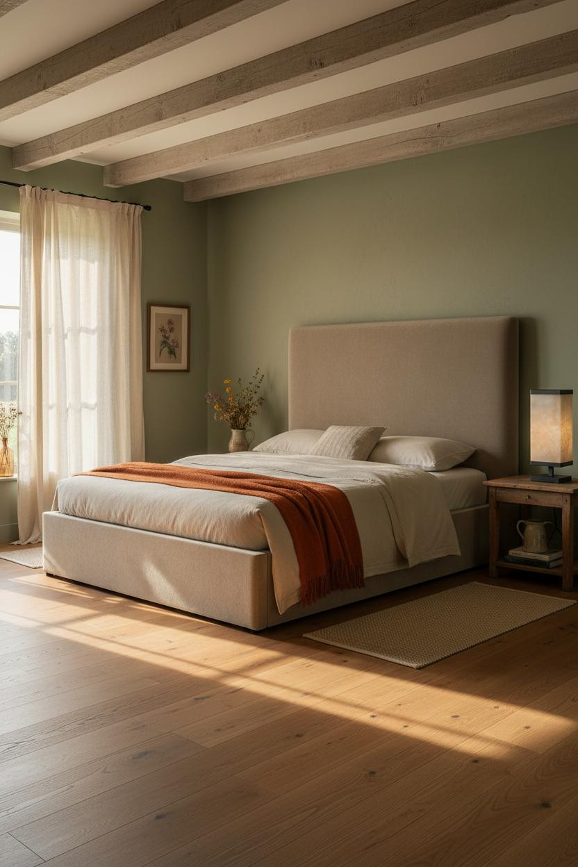 English Cottage Bedroom Exposed Beams Sage Green