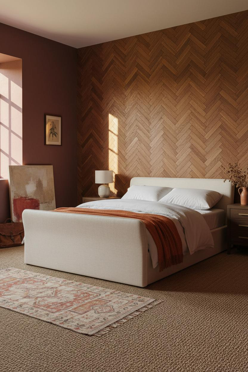 English Cottage Bedroom Herringbone Wall