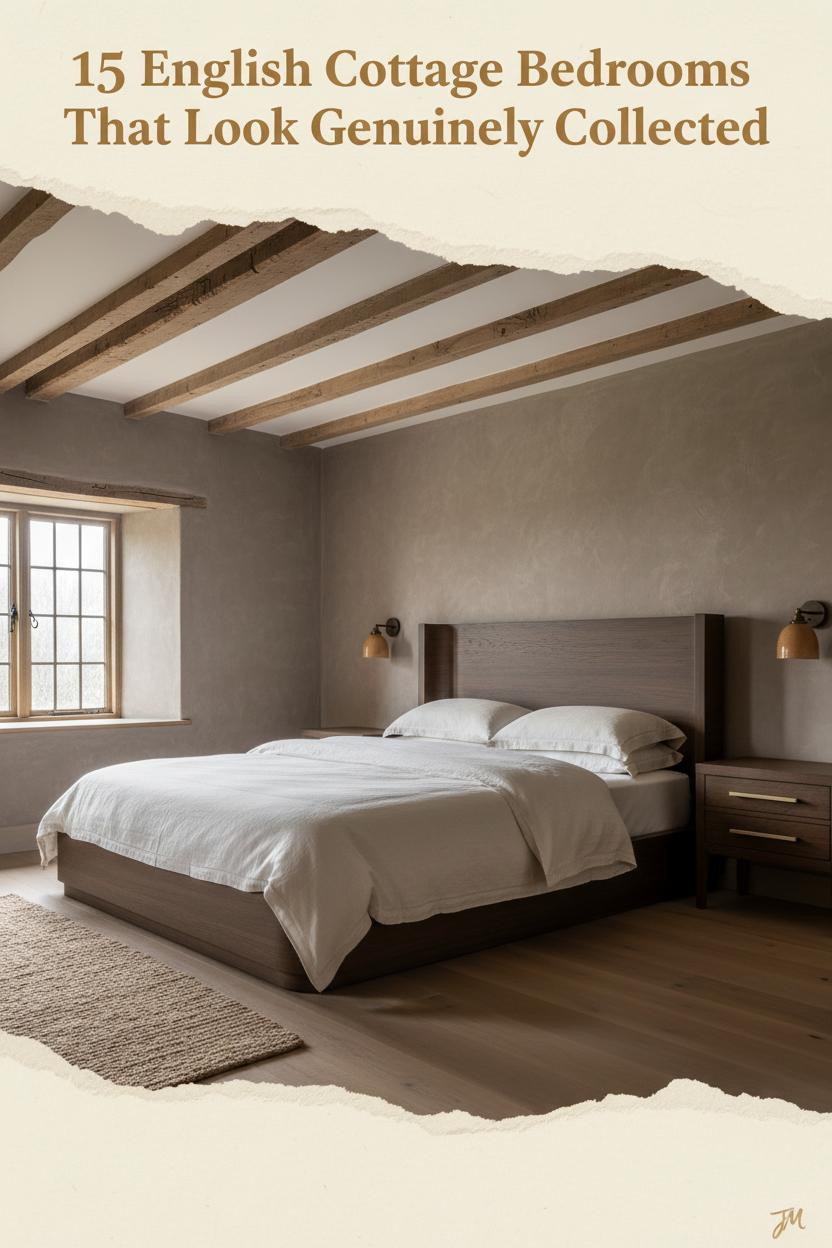 English cottage bedroom with weathered timber beams, limewash plaster walls, cream linen bedding, oak flooring, and warm amber sconce lighting