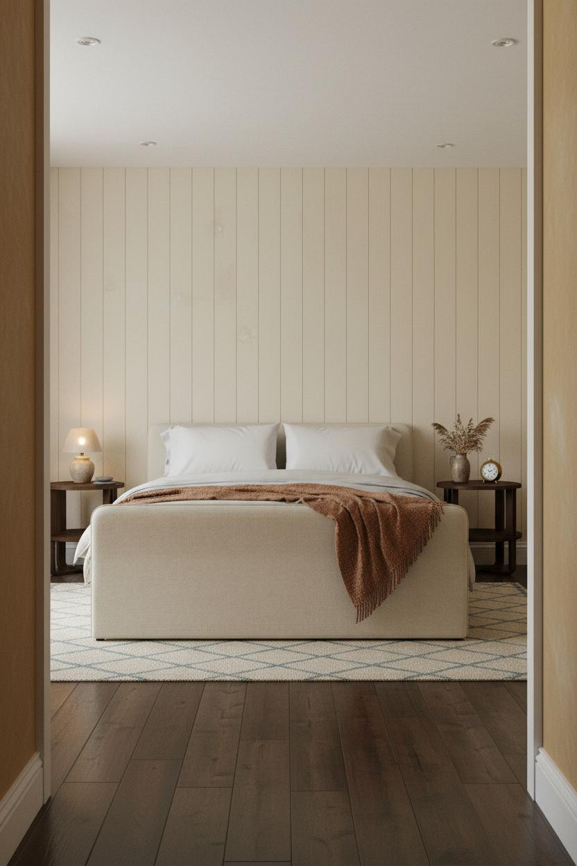 English Cottage Bedroom Ivory Panelling Winter Light