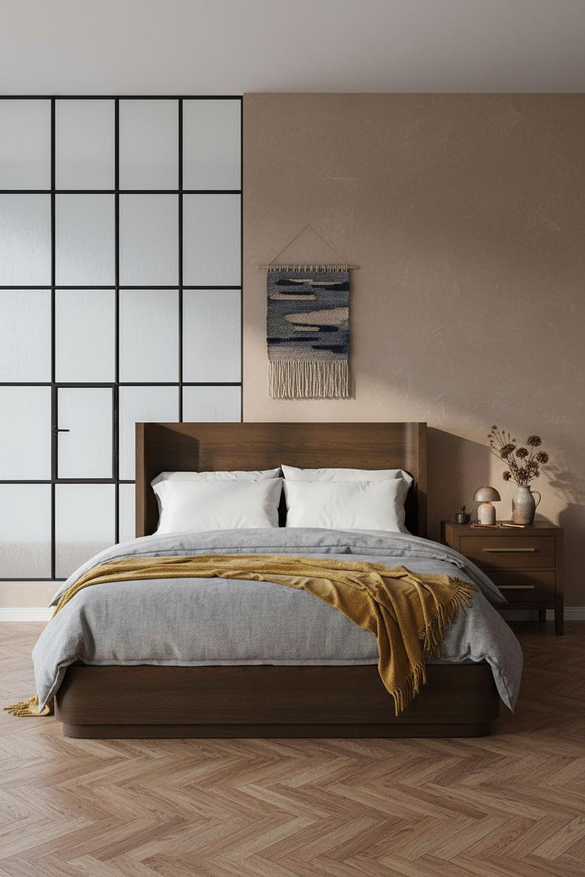 English Cottage Bedroom Limewash Herringbone