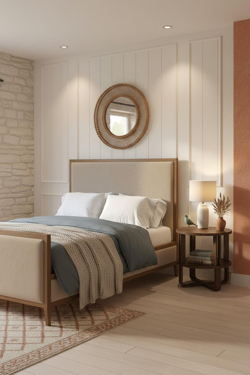 English Cottage Bedroom Whitewashed Panelling Warm Light