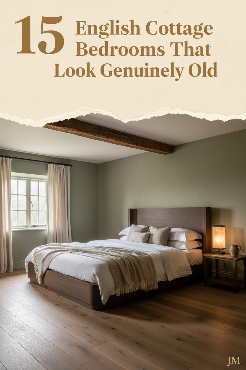 Low-ceilinged English cottage bedroom with sage green limewash walls, exposed beams, warm amber lamplight, and layered ivory wool bedding on oak floors