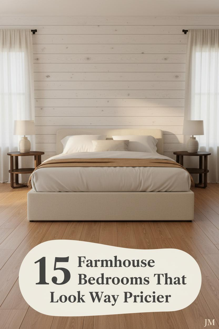 Farmhouse chic bedroom with board-and-batten white wall, wide oak floors, ivory percale bedding, camel wool throw, and warm ceramic lamp glow
