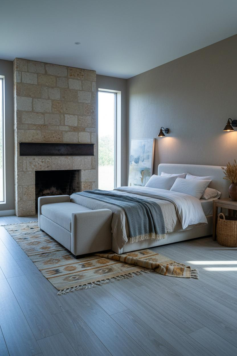 Farmhouse Chic Bedroom Stone Fireplace