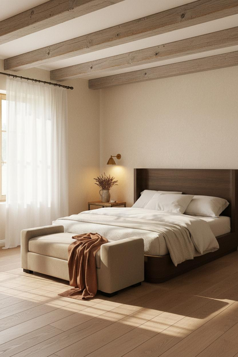 Farmhouse Chic Bedroom Wood Beams Neutral