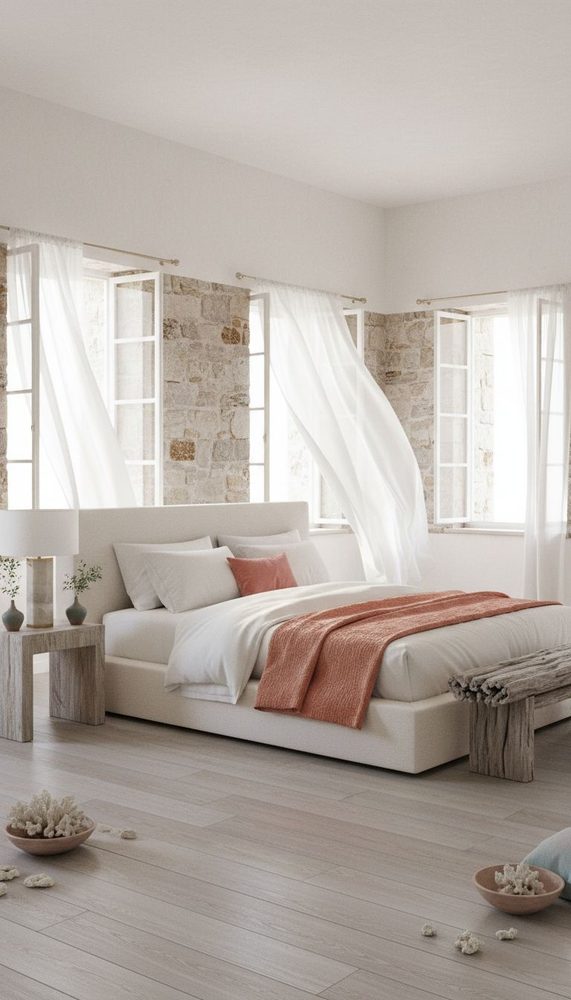 White platform bed against limestone walls with flowing white curtains and rust colored throw blanket