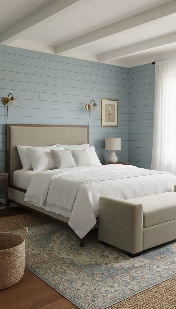 Blue shiplap bedroom with beige upholstered bed, brass sconces, cream bench, and patterned area rug