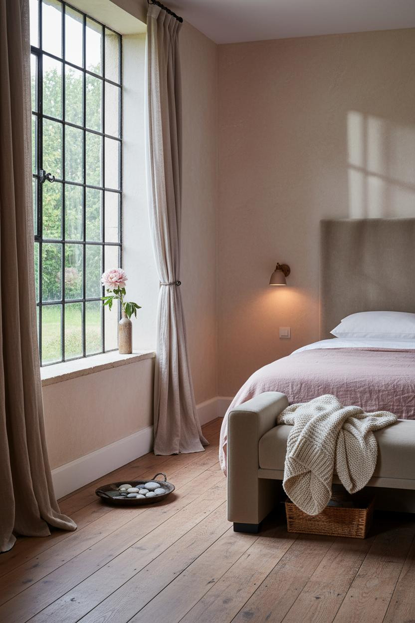 French Cottage Bedroom Blush Linen Iron Window