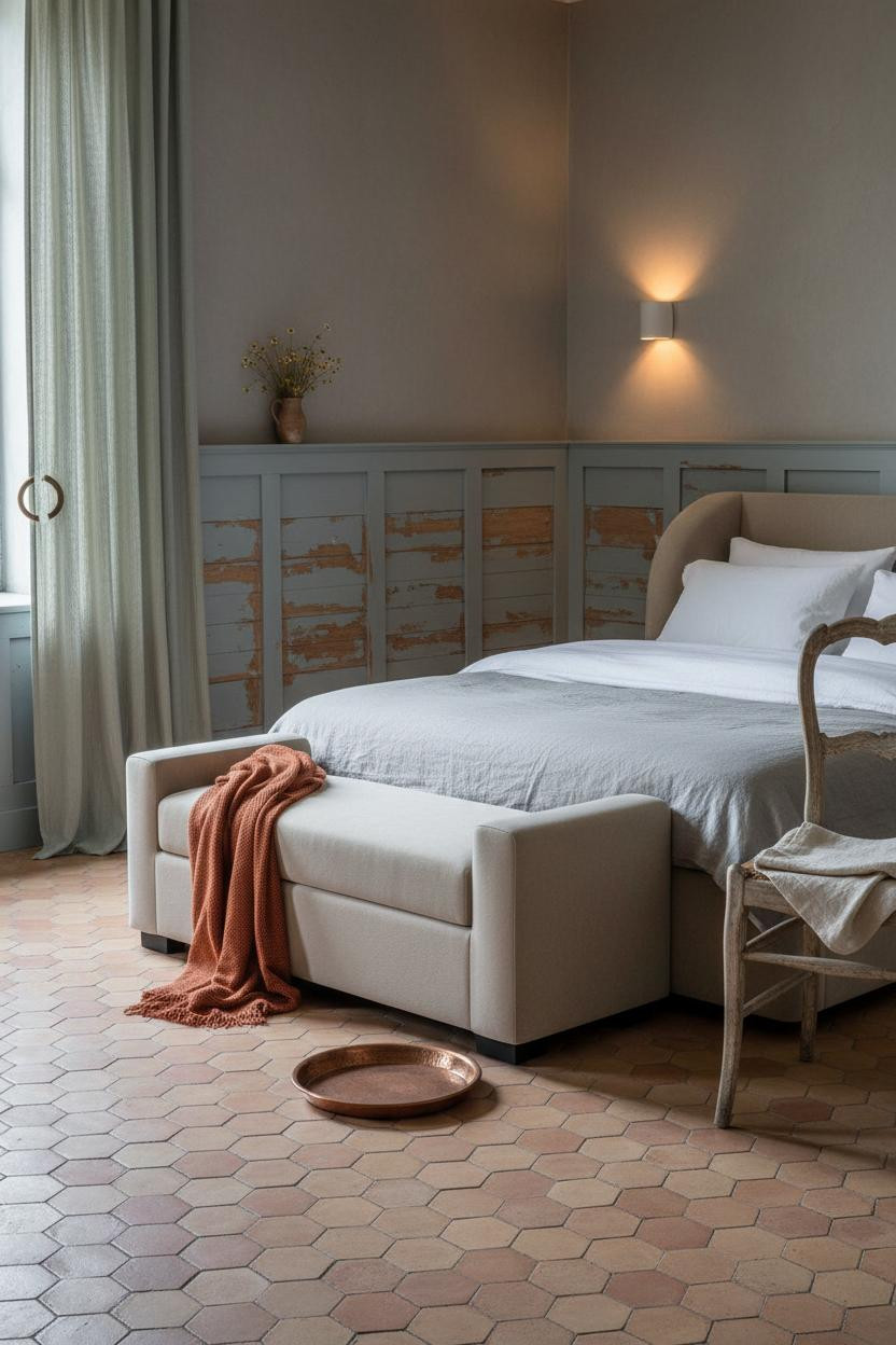 French Cottage Bedroom Wainscoting Terracotta Tiles