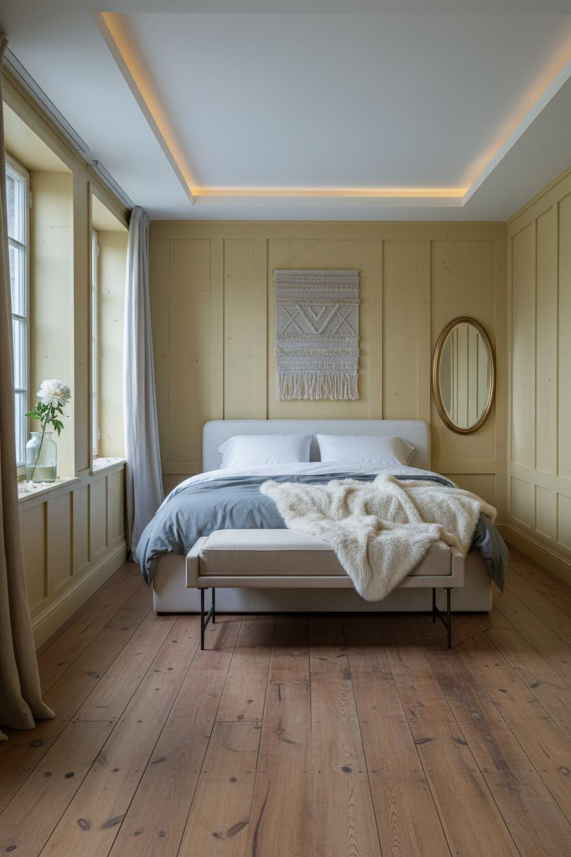 French Cottage Bedroom Yellow Paneling Vintage