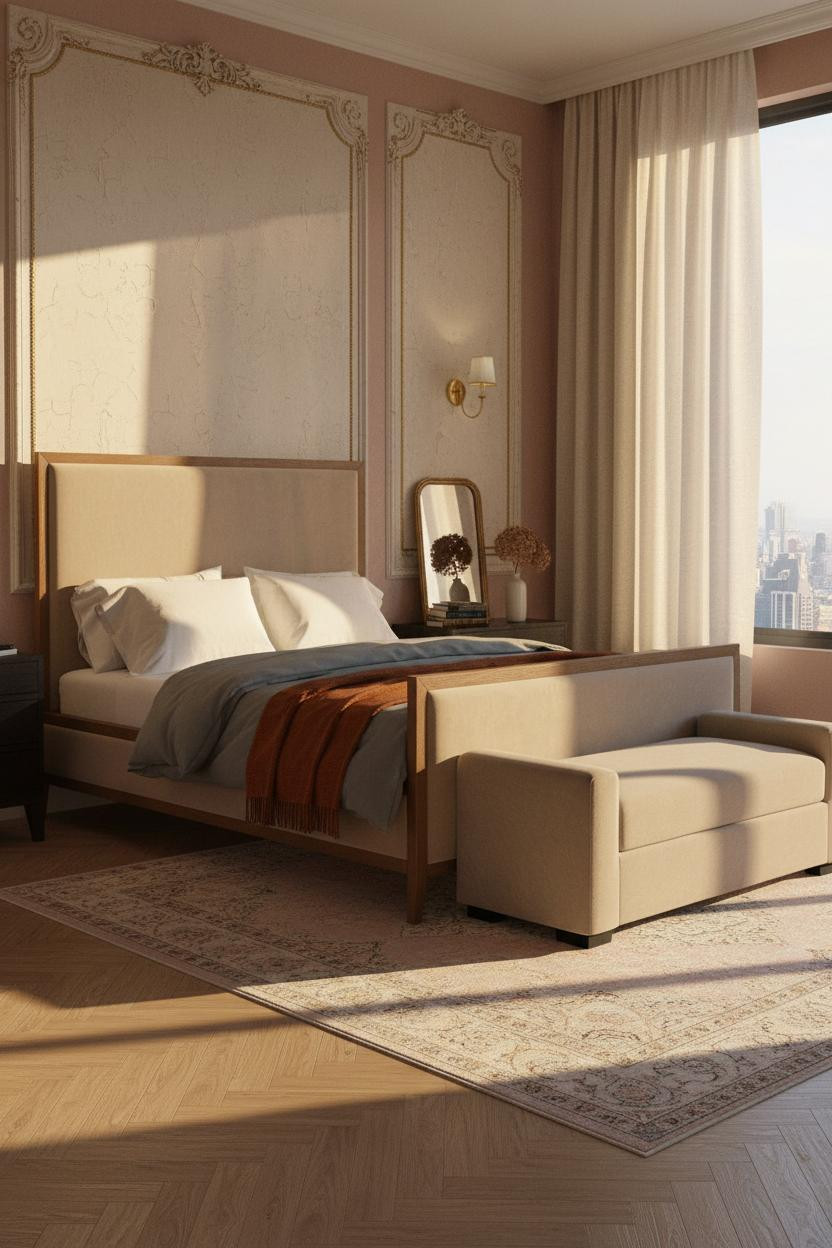 French Provincial Bedroom Elegant Vintage Carved Paneling Golden Light