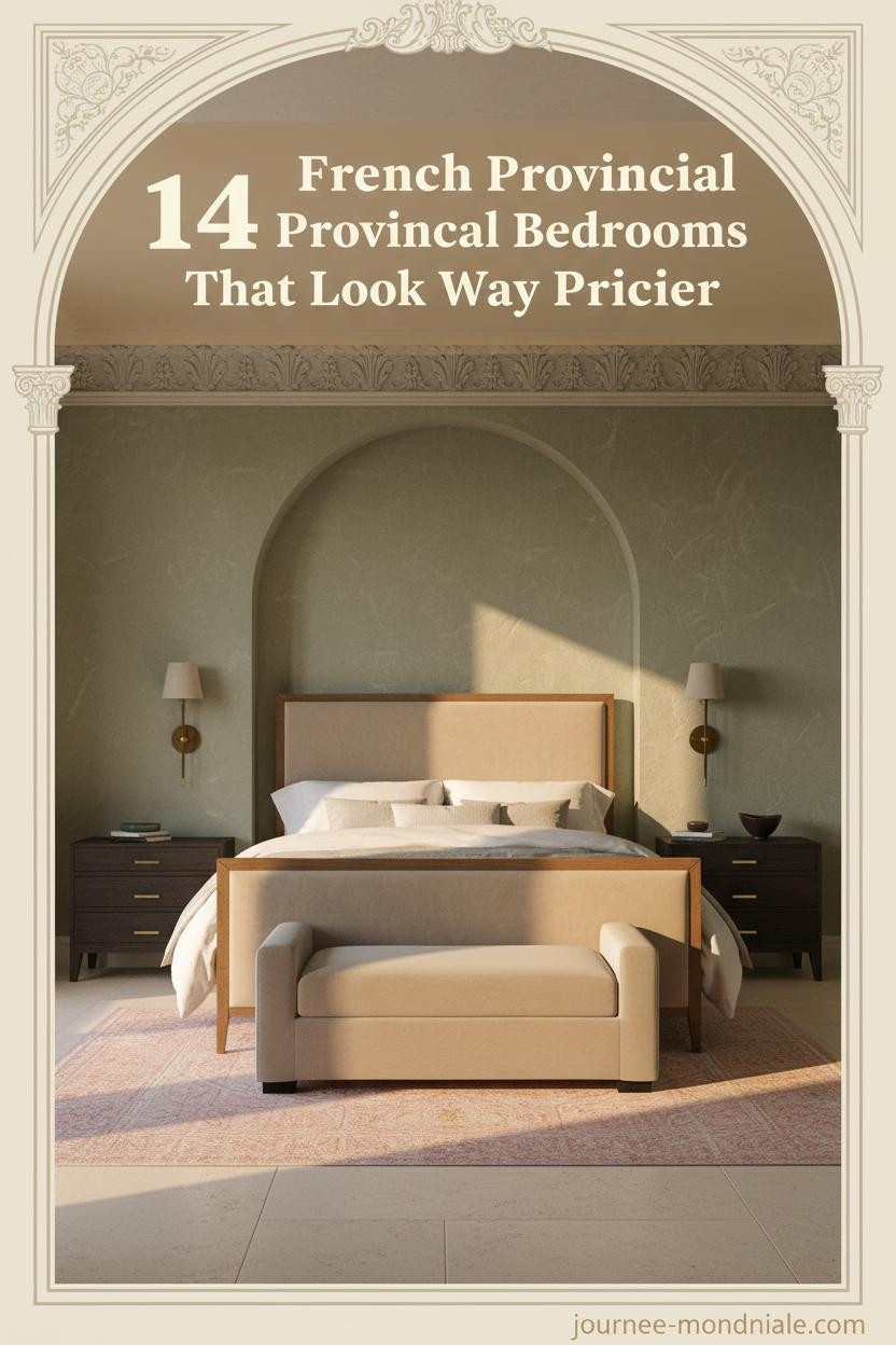 French Provincial bedroom with sage plaster walls, ivory linen bedding, blush rug, carved cornice, and warm brass sconces on limestone floors