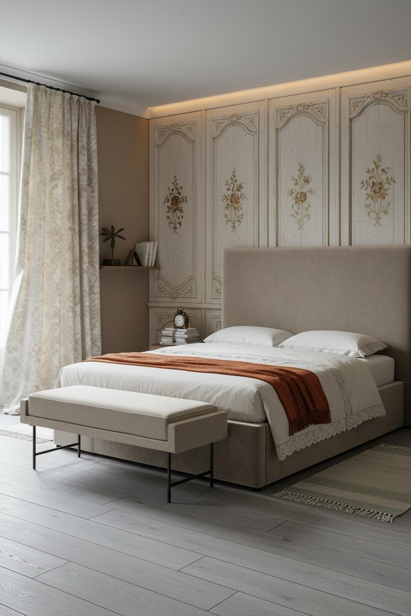 French Provincial Bedroom Vintage Paneling Brass Accents Grey Light