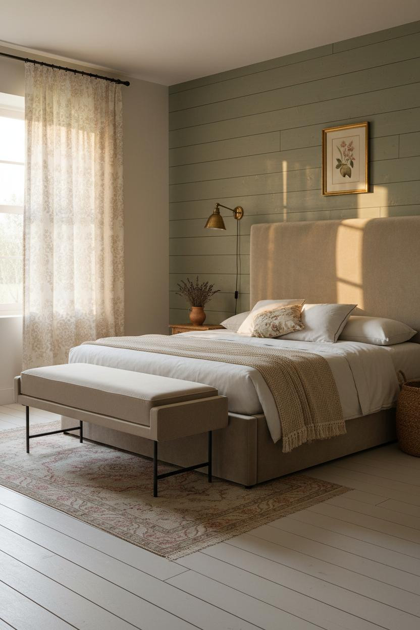 French Provincial Bedroom Sage Shiplap Vintage Brass Sconces Farmhouse