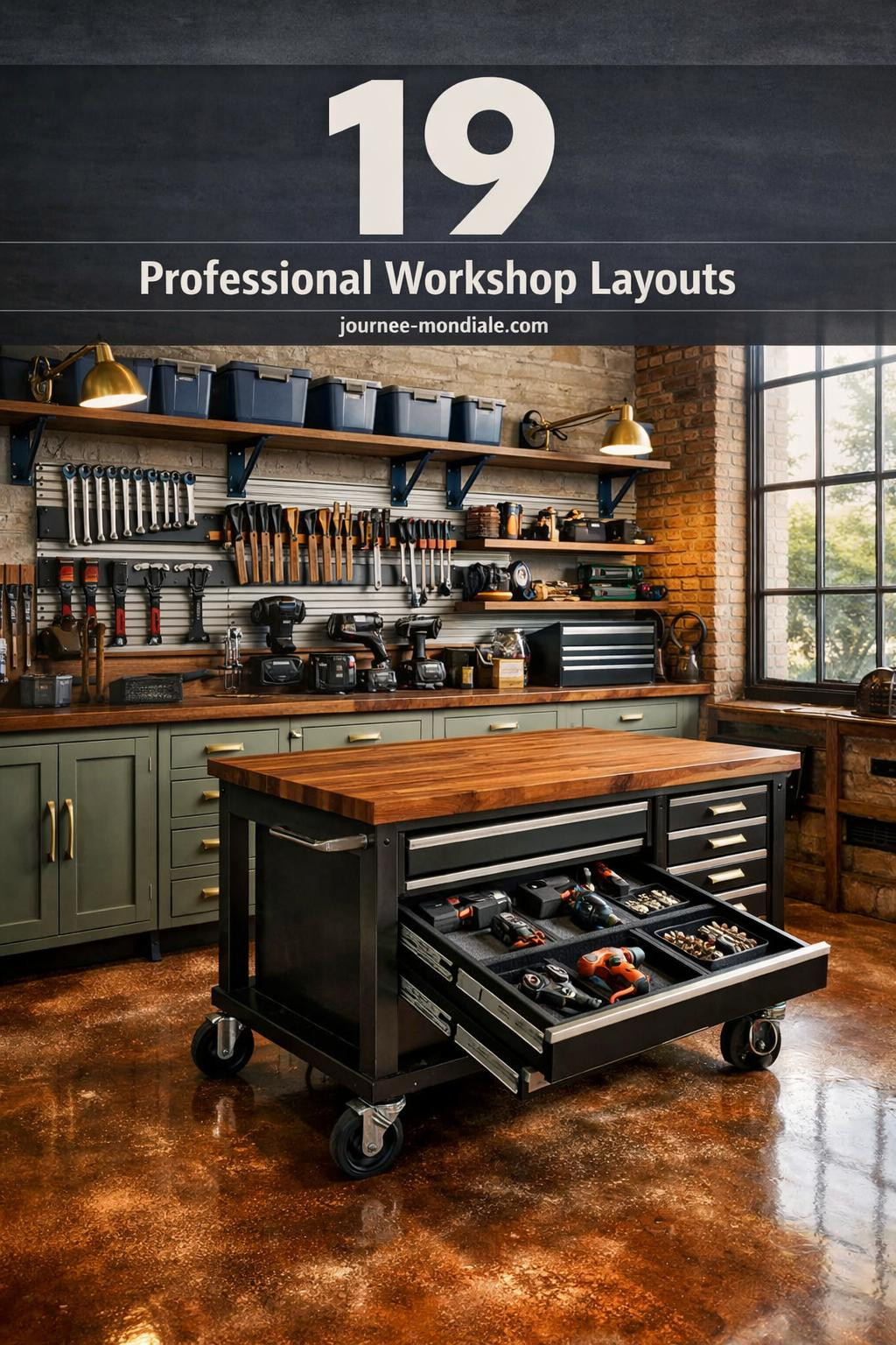 Organized garage workshop featuring wall-mounted steel pipe shelving, walnut tool chest, sage green cabinets, copper epoxy floor