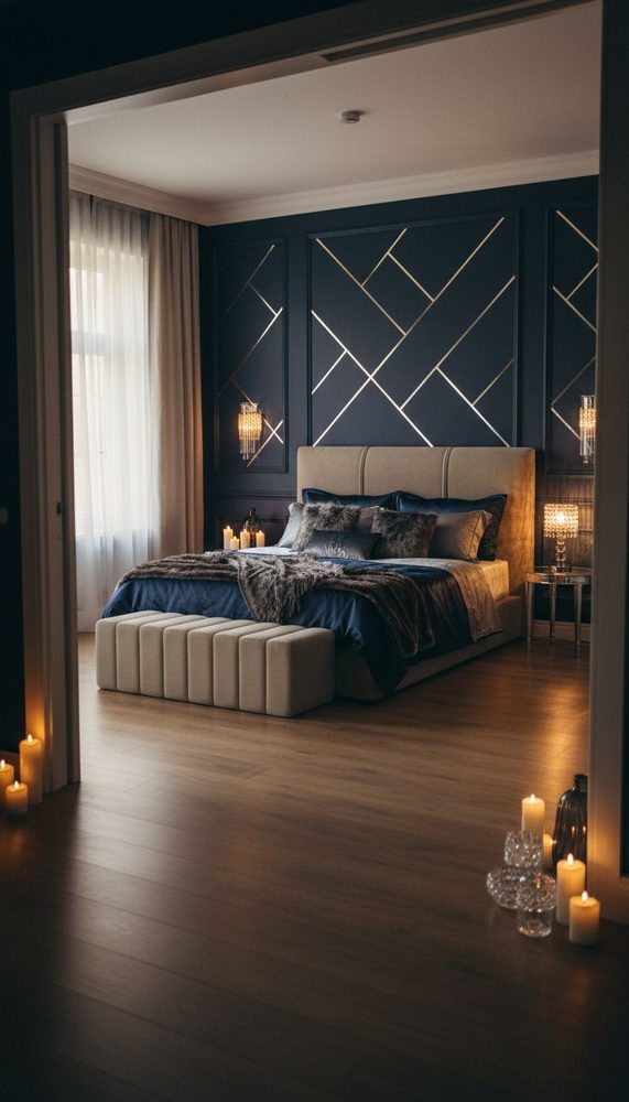 Navy geometric wall paneling with gold trim behind neutral upholstered bed and tufted bench