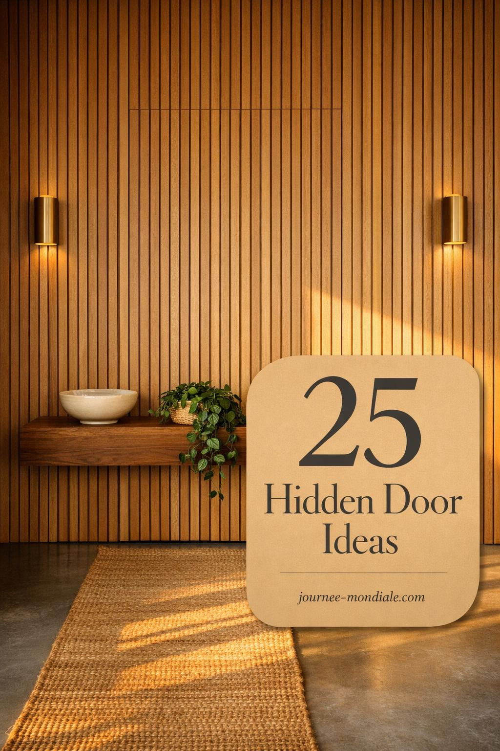 Modern hallway with floor-to-ceiling vertical oak slat wall concealing seamless door, walnut console, brass sconces, concrete floors, jute runner