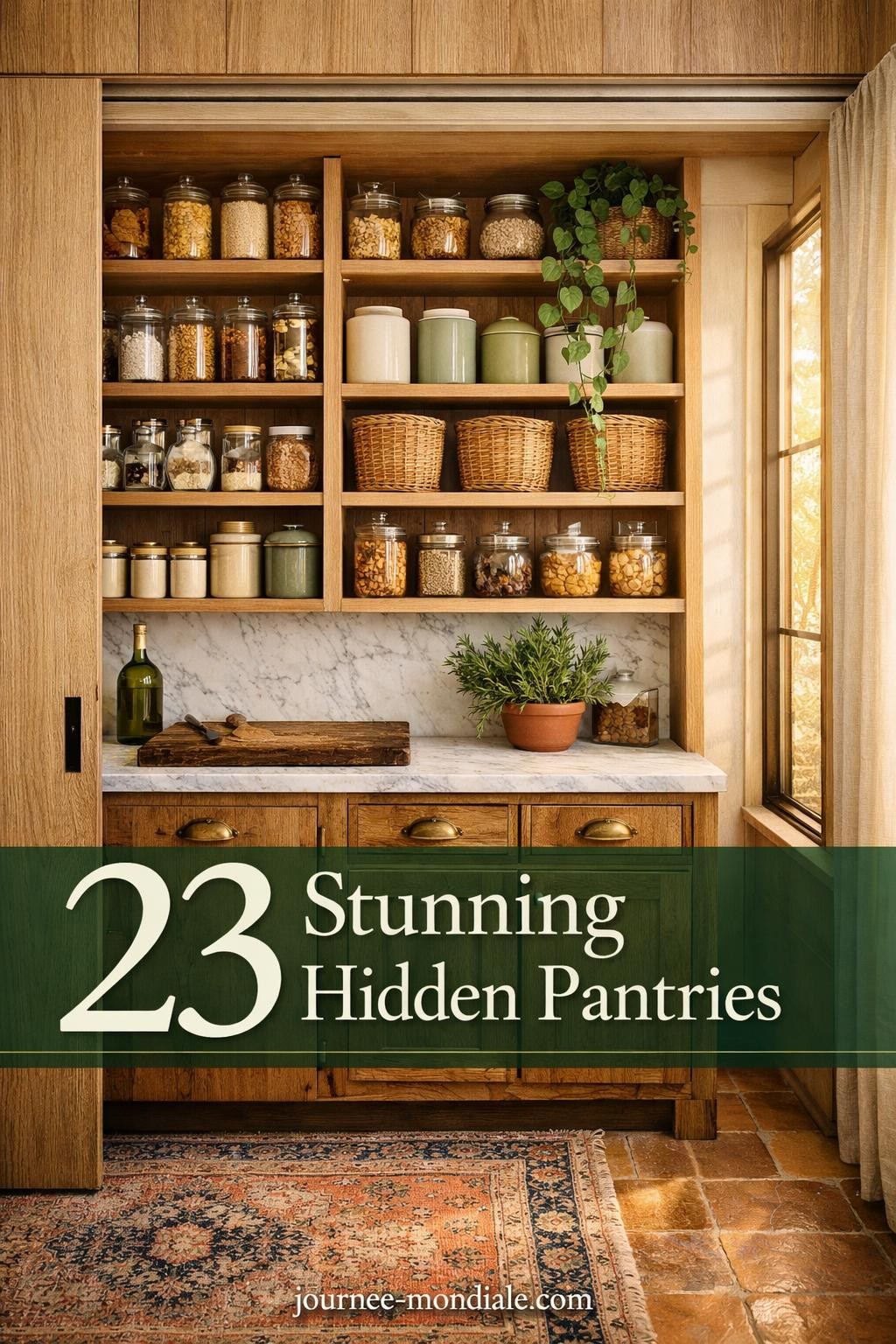 Organized hidden pantry with white oak floating shelves, glass apothecary jars, wicker baskets, marble counter, brass hardware