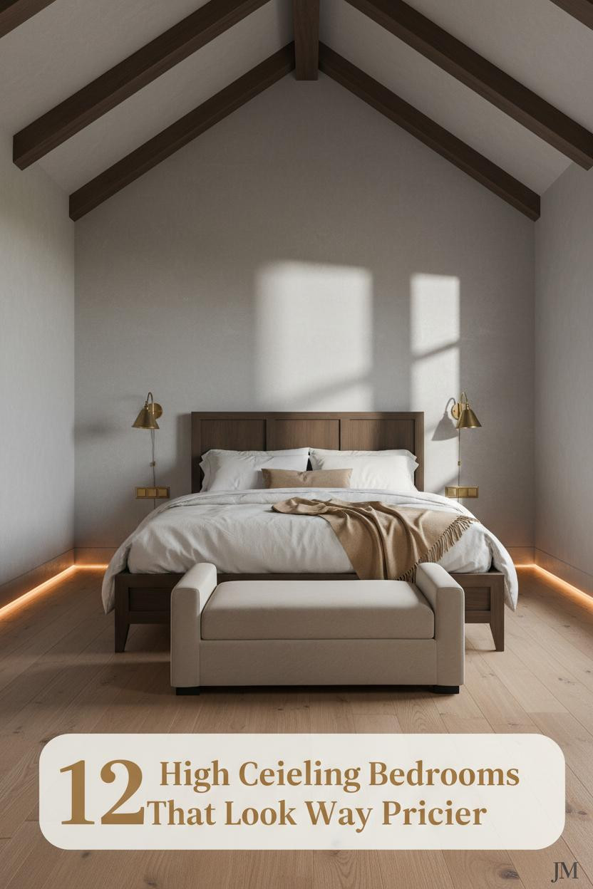 Double-height vaulted bedroom with dark walnut beams, stone-grey plaster walls, oak flooring, brass sconces, and ivory linen bedding