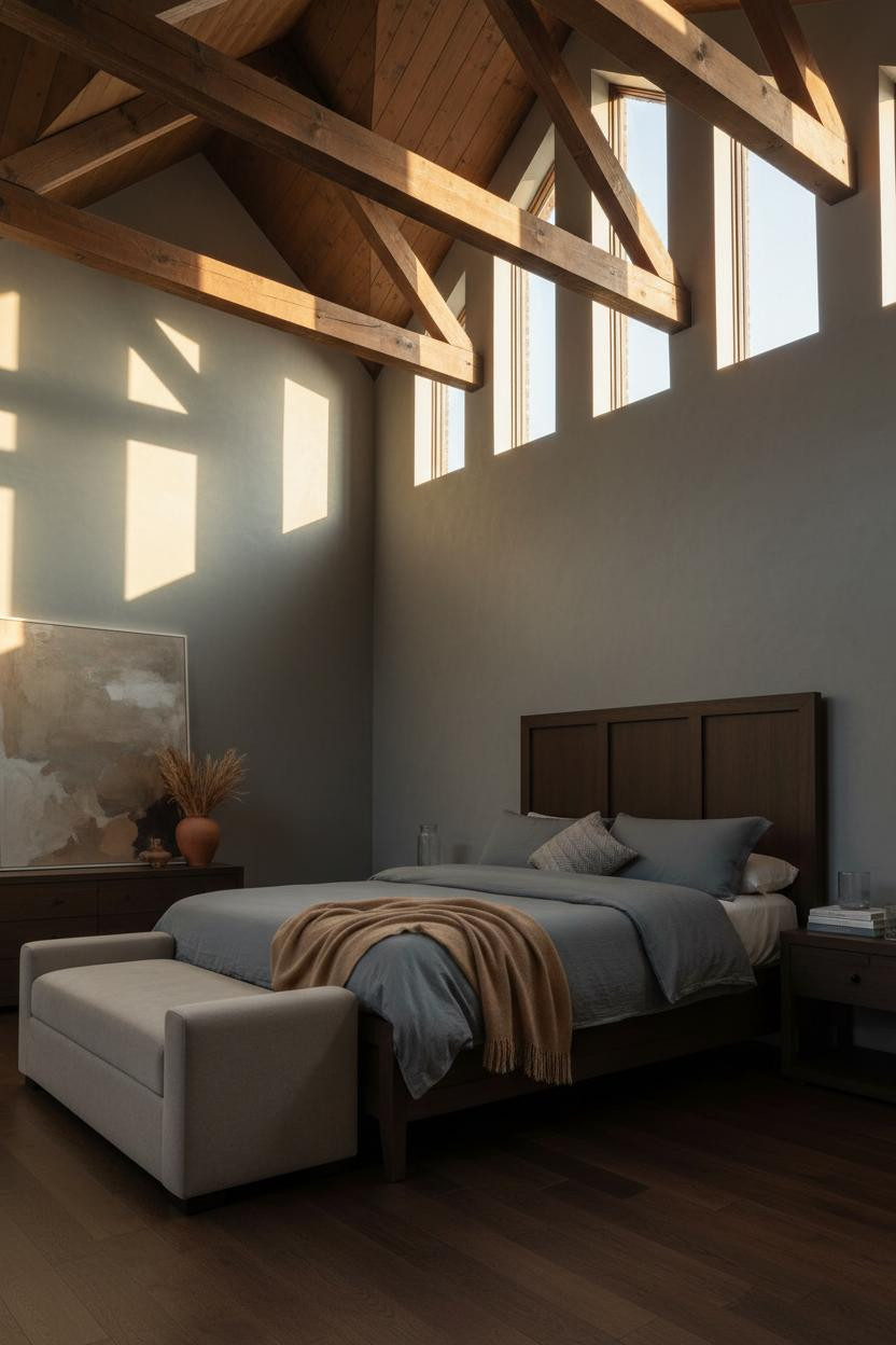 High Ceiling Bedroom Vaulted Beams