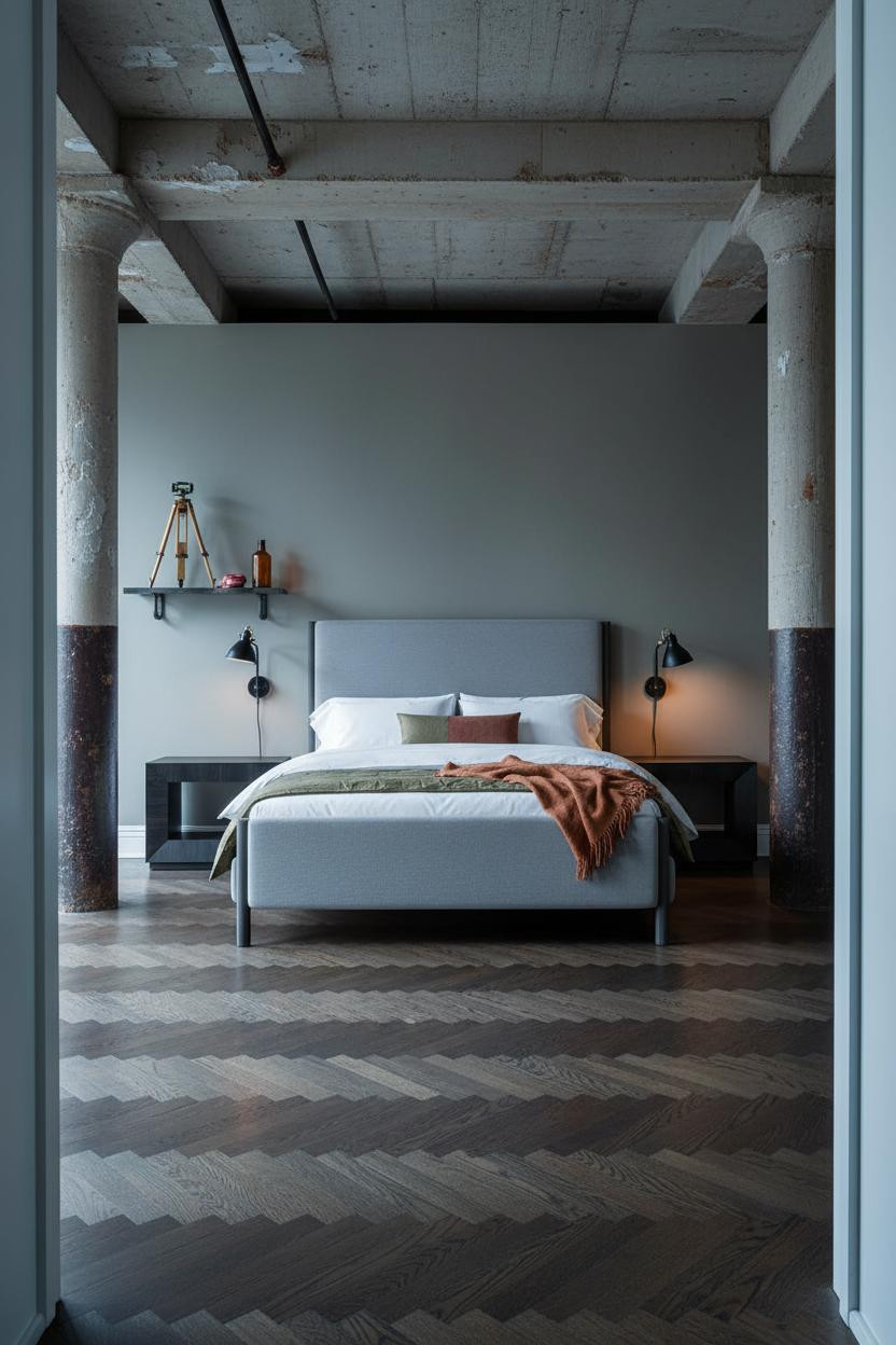 Industrial Bedroom Concrete Columns Loft