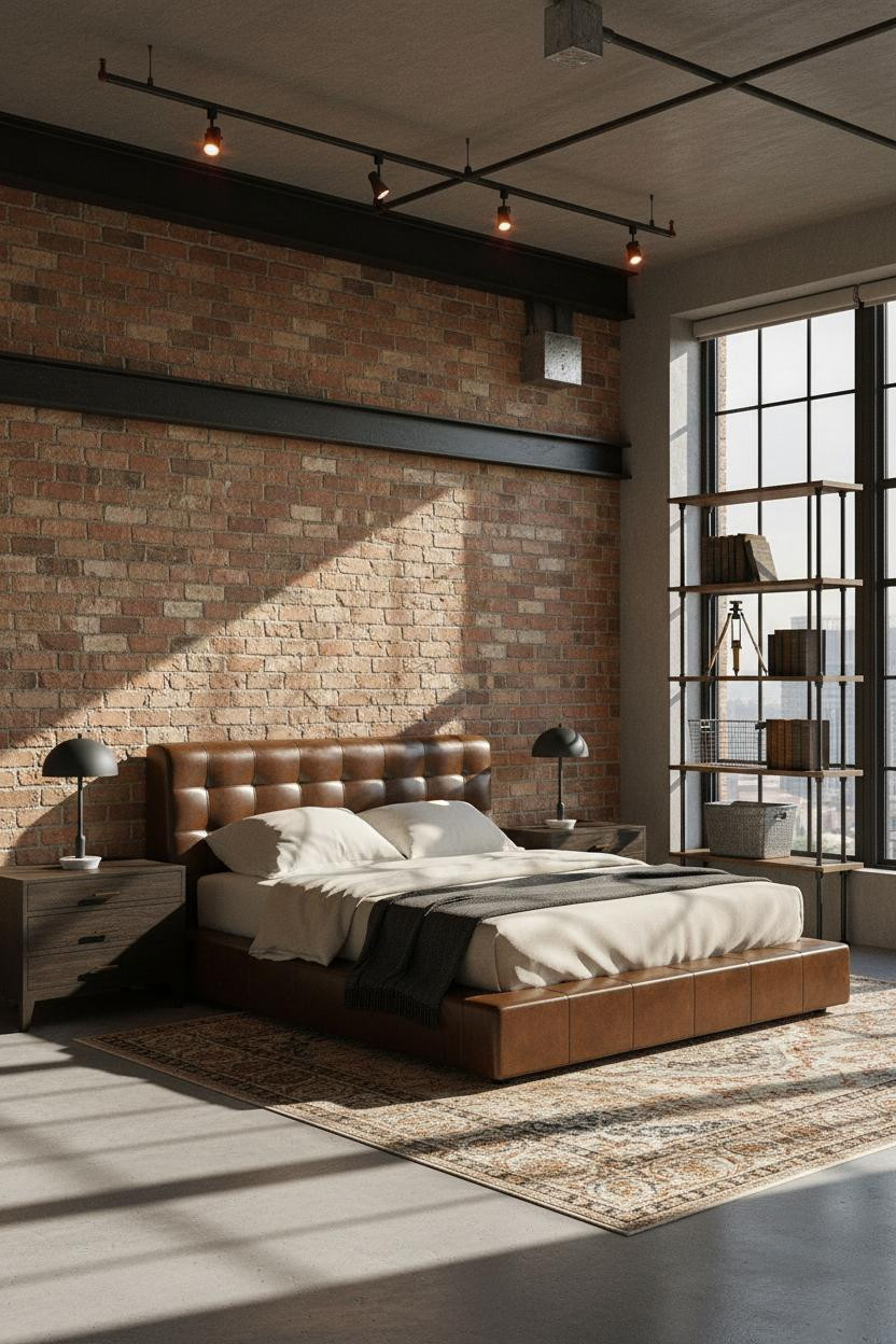 Industrial Bedroom Exposed Brick Steel Beam