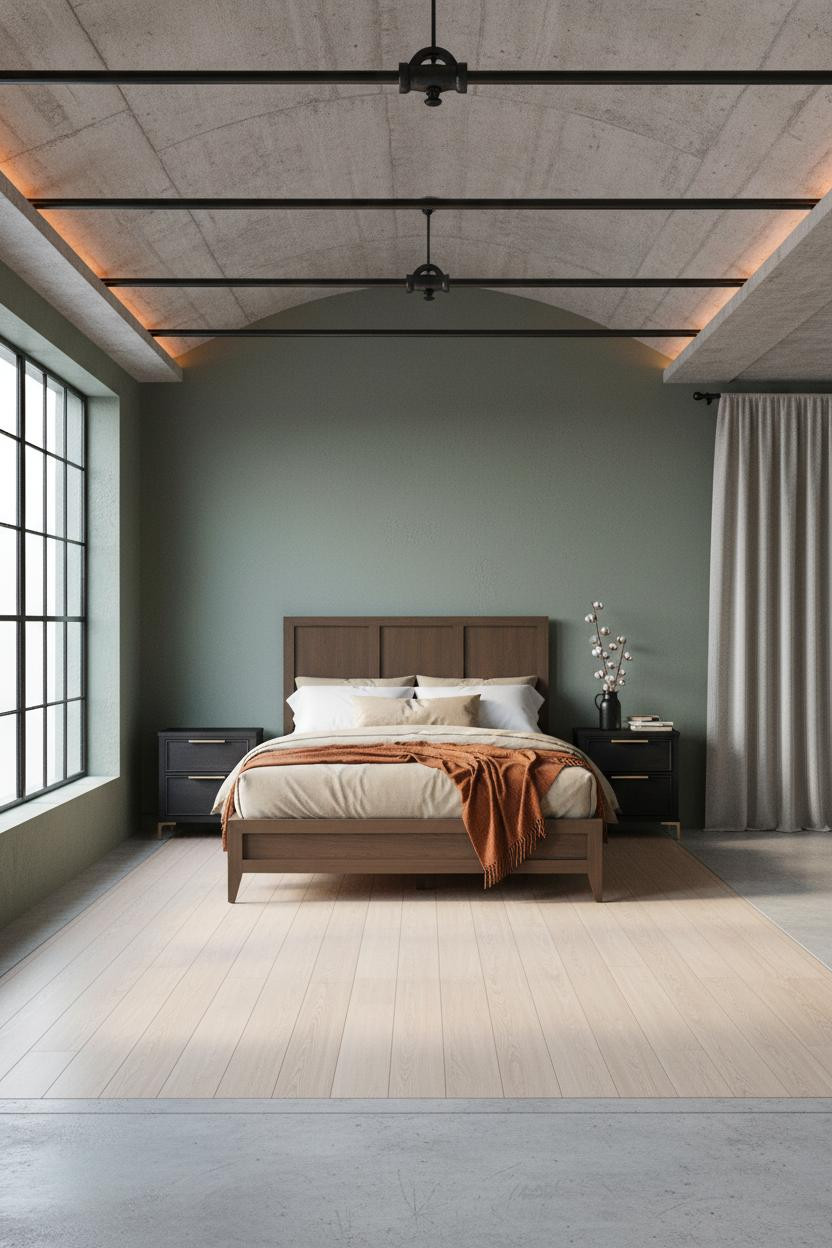 Industrial Bedroom Exposed Concrete Steel Beams