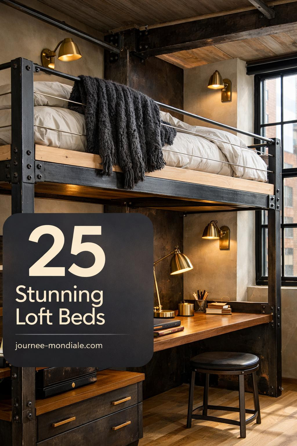 Contemporary loft bed with blackened steel frame and bleached birch platform above integrated walnut desk workspace in studio apartment