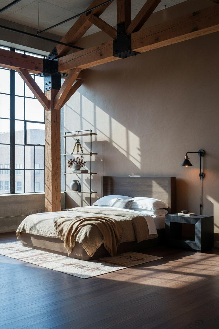Industrial Loft Bedroom Timber Truss Design