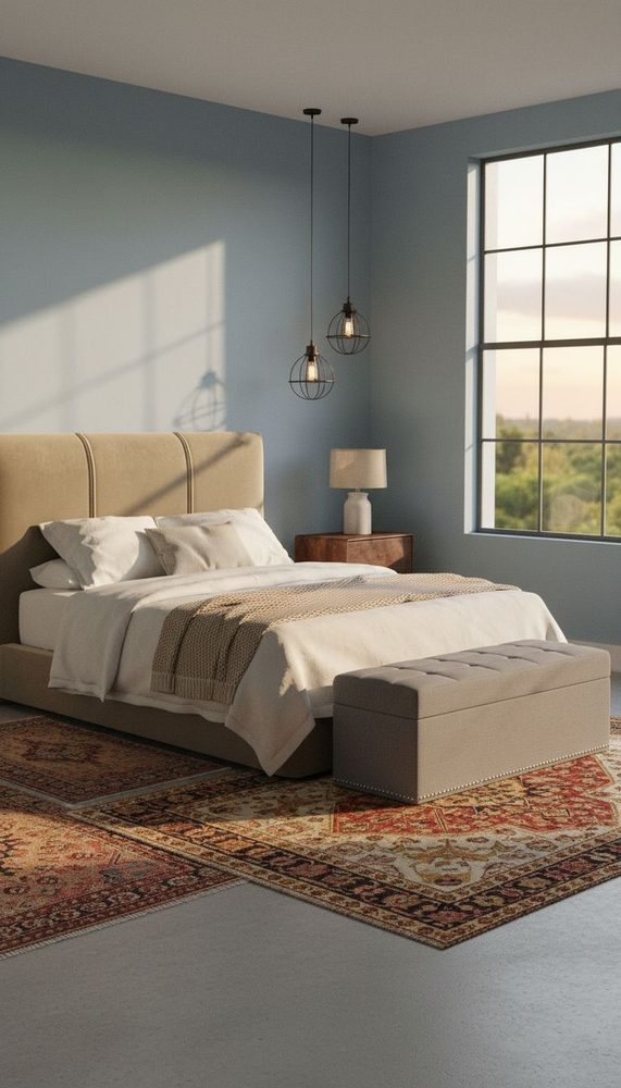 Sage blue bedroom with taupe upholstered bed, industrial wire pendant lights, and Persian rug