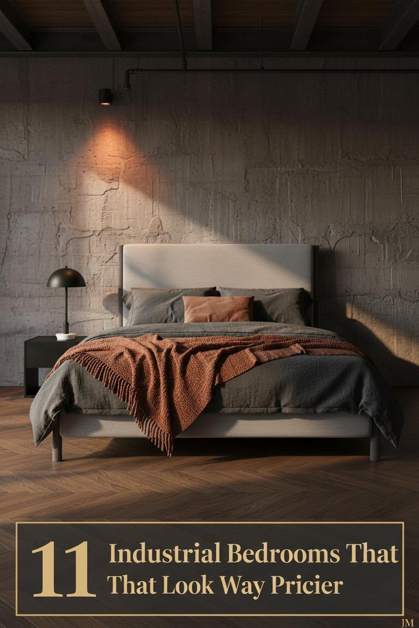 Industrial loft bedroom with poured concrete accent wall, blackened steel ceiling beams, dark herringbone oak floor, and warm amber sconce lighting