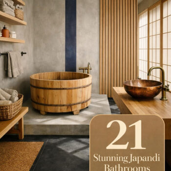 Serene Japandi bathroom featuring freestanding hinoki cypress soaking tub, floating teak vanity, charcoal slate floors, ash wood partition, and soft morning light through shoji screens