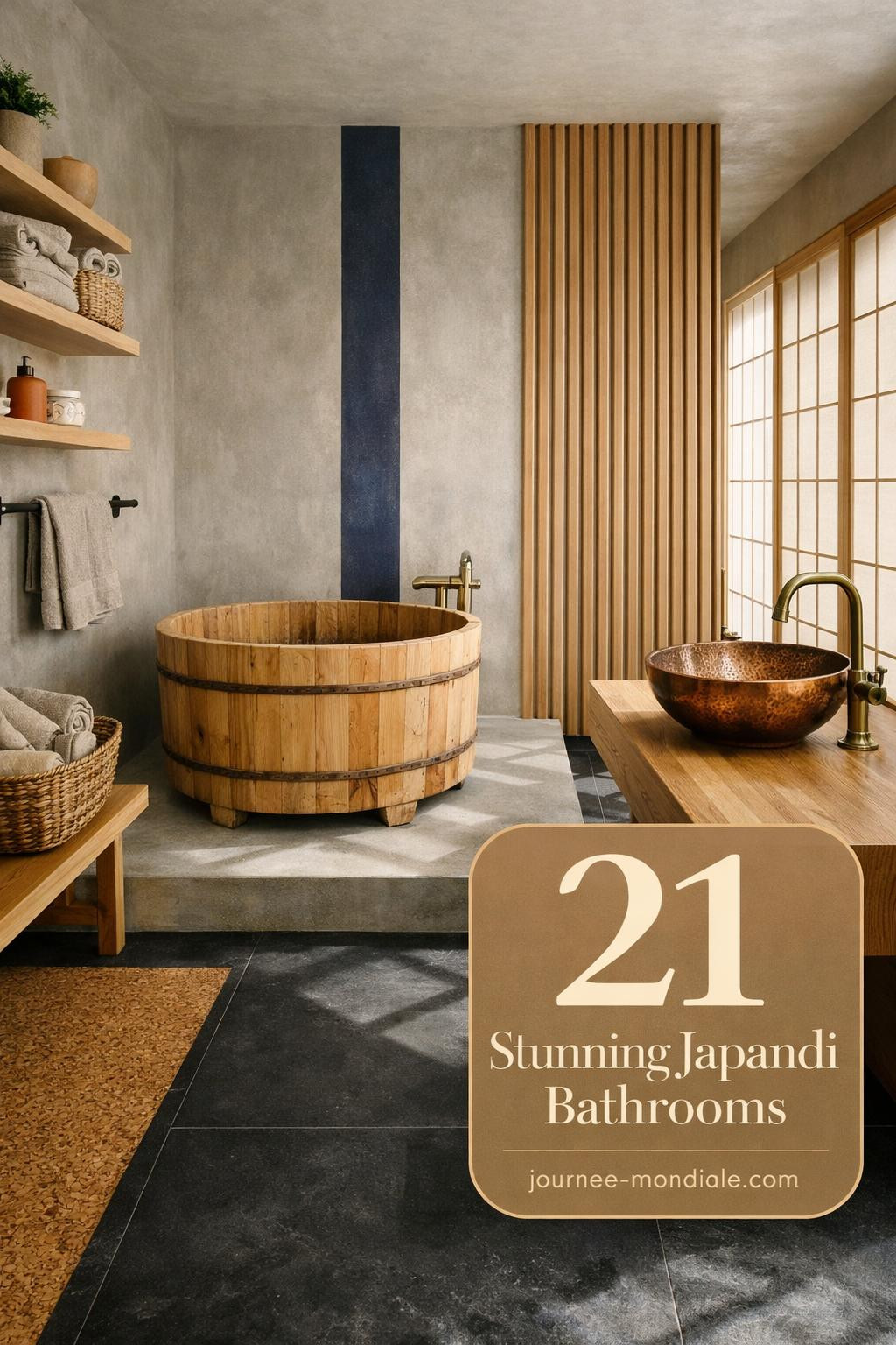 Serene Japandi bathroom featuring freestanding hinoki cypress soaking tub, floating teak vanity, charcoal slate floors, ash wood partition, and soft morning light through shoji screens