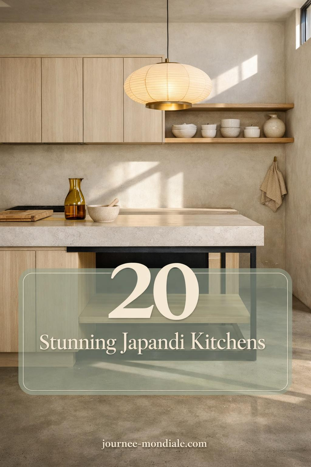 Minimalist Japandi kitchen featuring pale ash floating island, honed limestone waterfall counter, white oak cabinets, brass pendant light, concrete floors