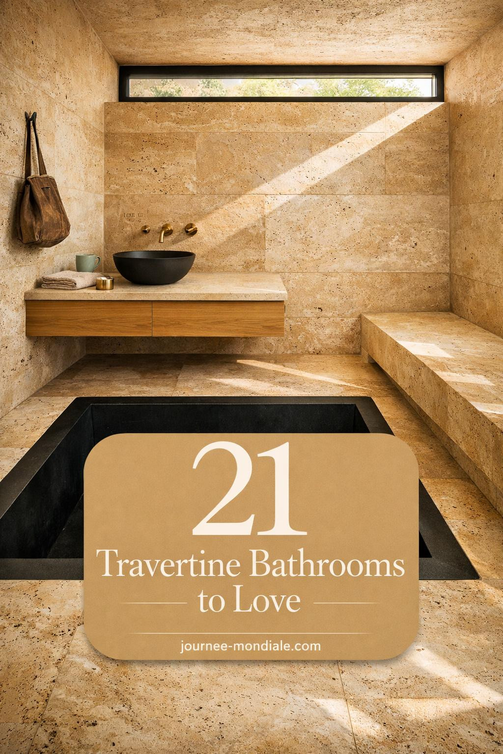 Serene Japanese minimal bathroom featuring warm honey travertine walls and floors with sunken matte black steel soaking tub, floating white oak vanity, brushed brass fixtures, natural morning light