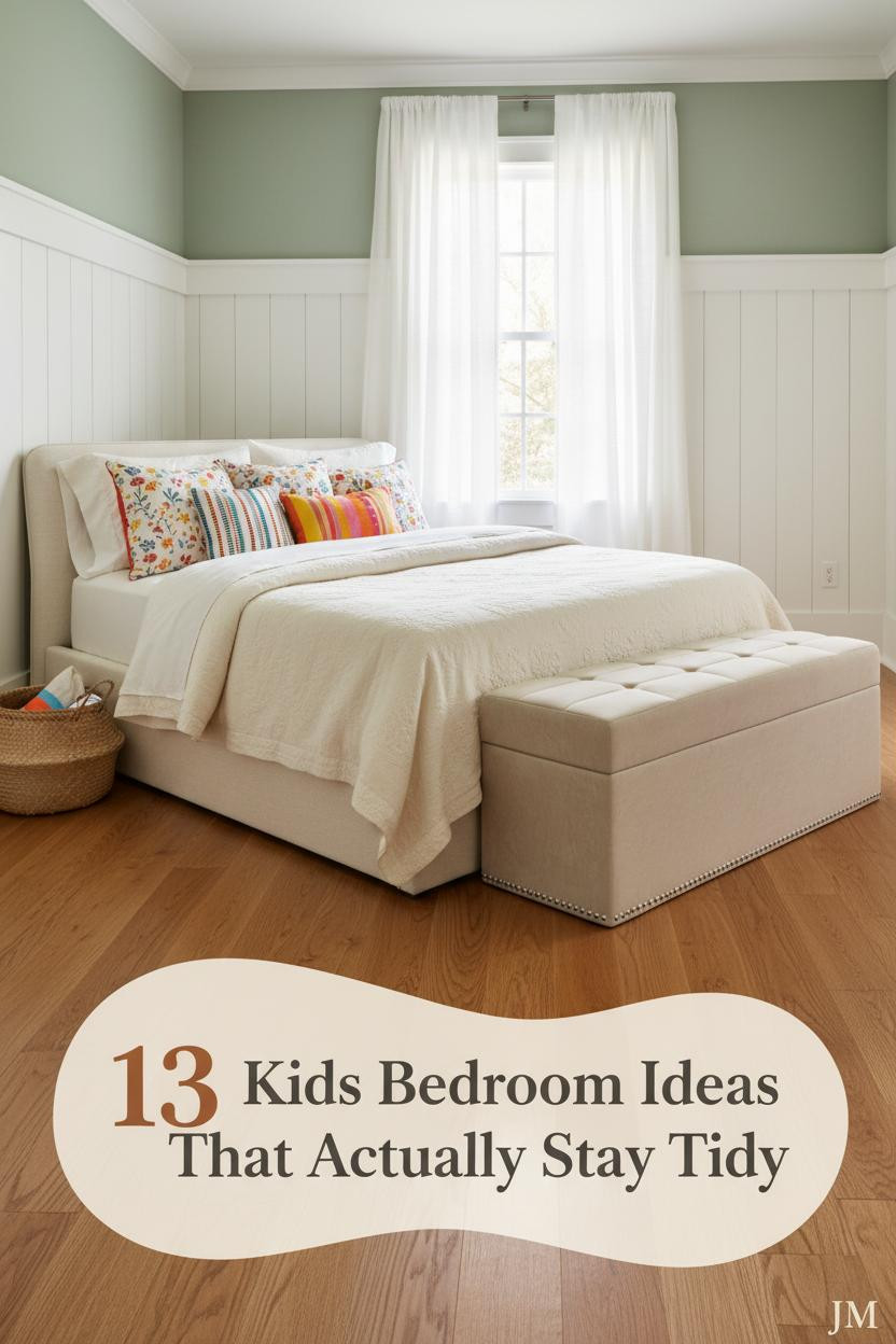 Kids bedroom with white board-and-batten headboard wall, sage green accents, cream bedding, colorful pillows, and warm oak flooring
