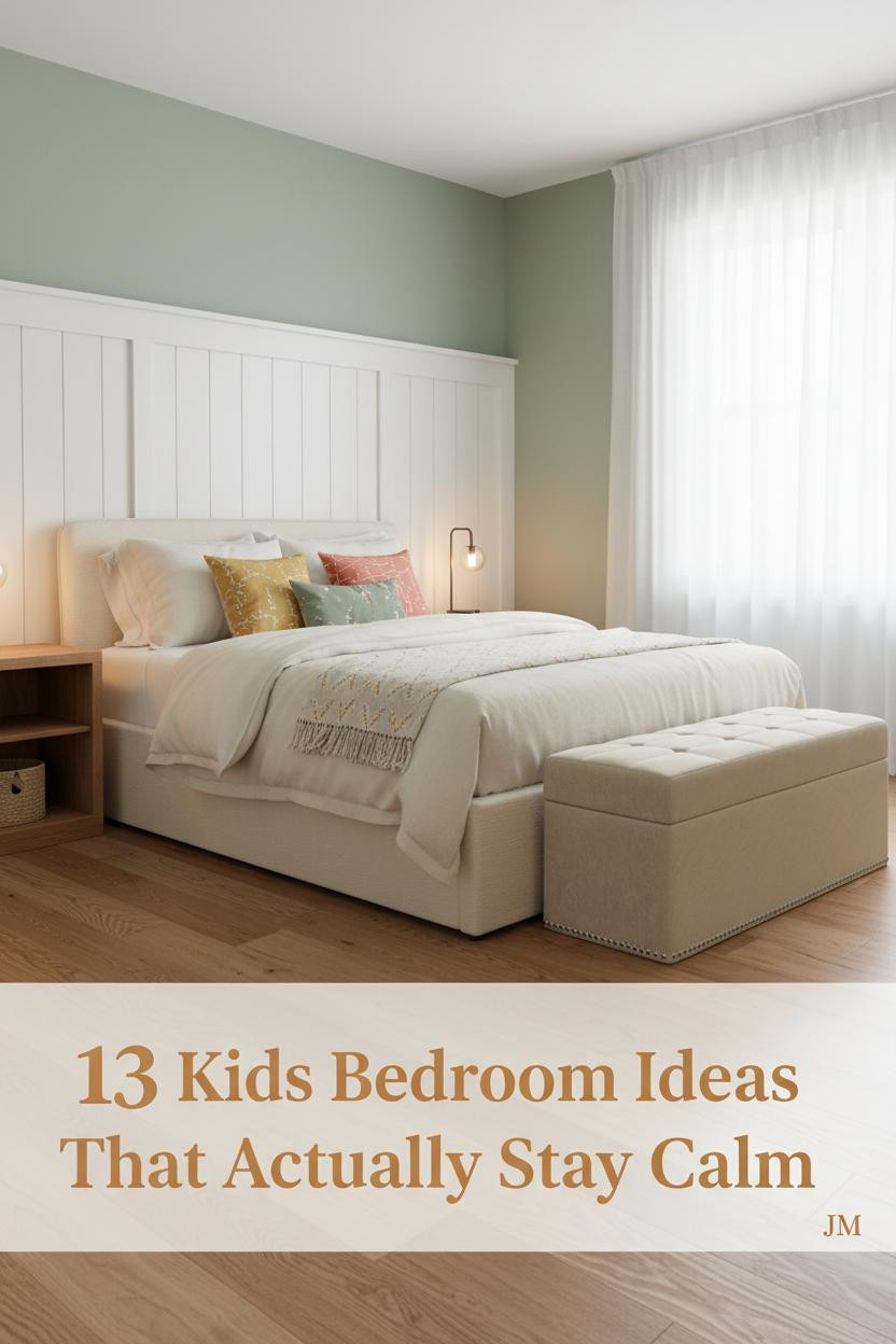 Kids bedroom with white board-and-batten wall, sage green accents, oak floors, cream bedding, colorful pillows, and warm afternoon light
