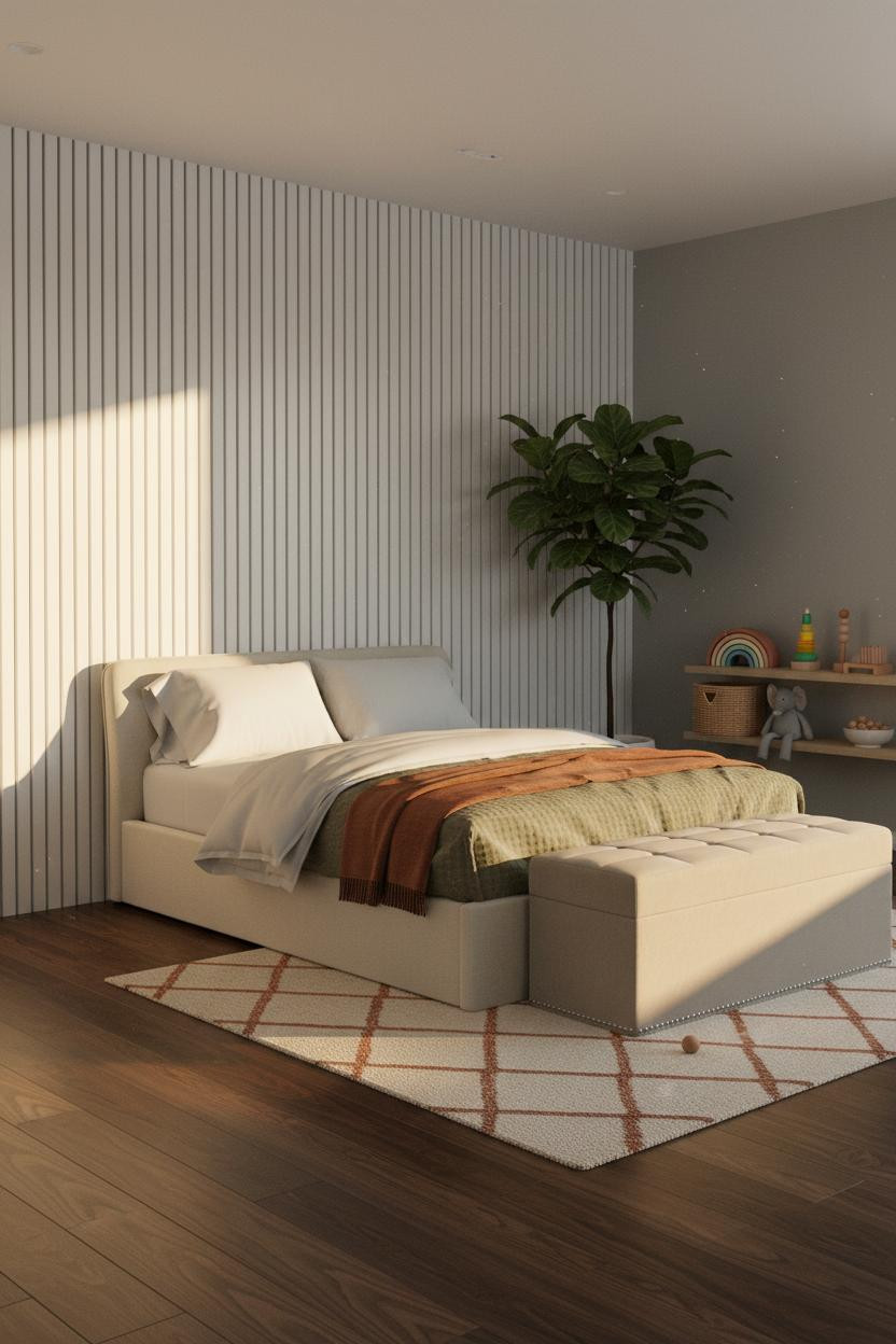 Kids Bedroom Wood Paneling Warm Lighting
