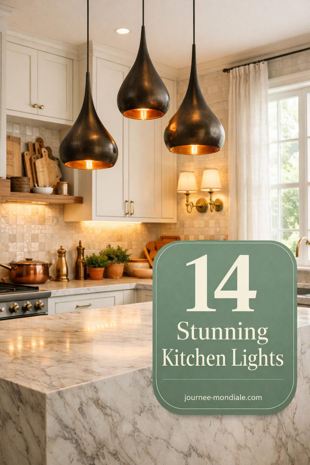 Modern kitchen featuring three blackened brass sculptural pendant lights over Calacatta marble island with white oak cabinets