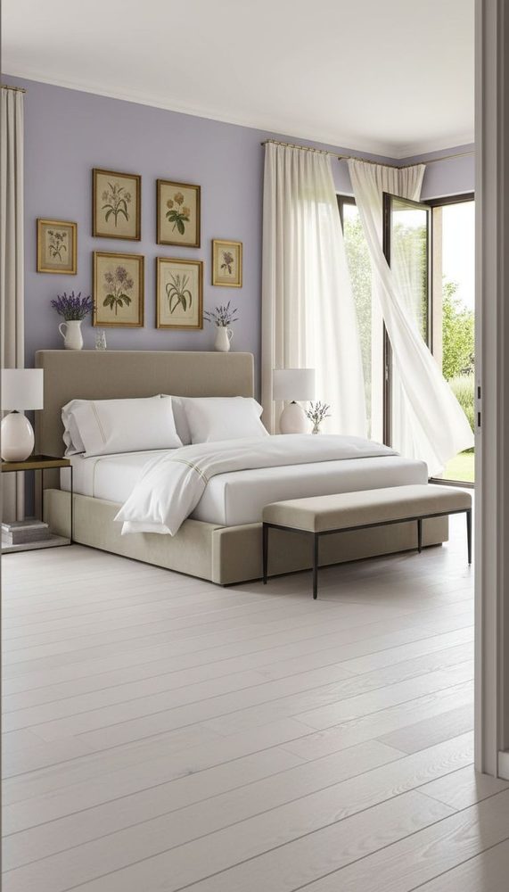 Lavender bedroom with beige upholstered bed, botanical gallery wall, white curtains, and light wood floors