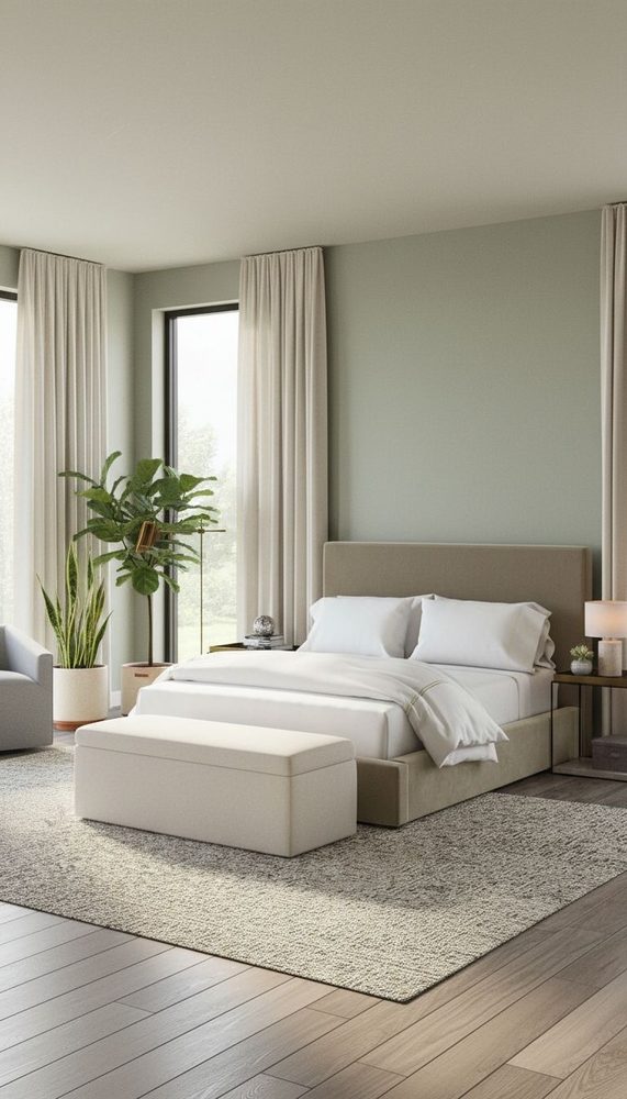 Sage green bedroom with light wood floors, beige upholstered bed, and neutral textiles